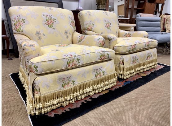 Impeccably Upholstered Club Chairs In Yellow Scalamandre Fabric