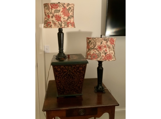 Pr. Brass Bedside Lamps & Wood Box