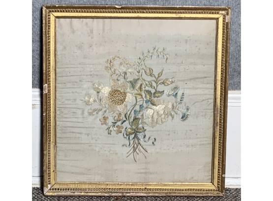 19th C. Flower Needlework On Silk