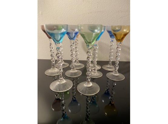 10 Vintage Colored Cordial Glasses