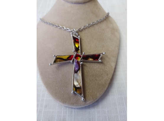Mid Century Costume Jewelry Cross With Multi Color Plastic Inserts And 24in Chain