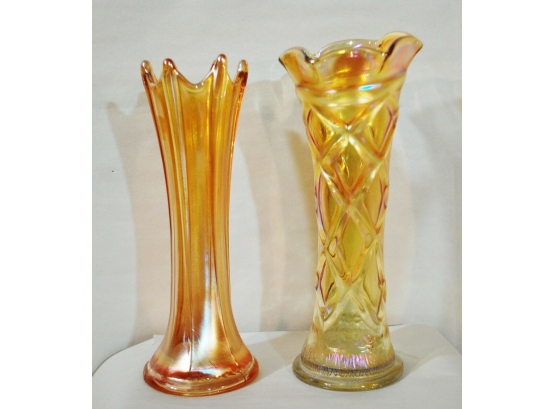 2 Vintage Marigold Carnival Glass Tall Vases DUGAN LATTICE & DIAMOND THIN RIB