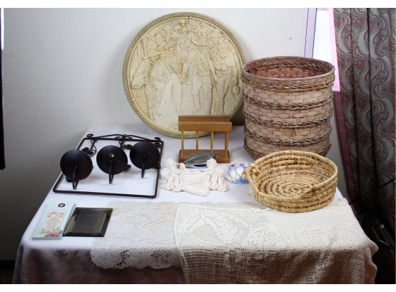 Two Baskets, Napkin Holder, Various Wall Decor And Large Doily With Horse