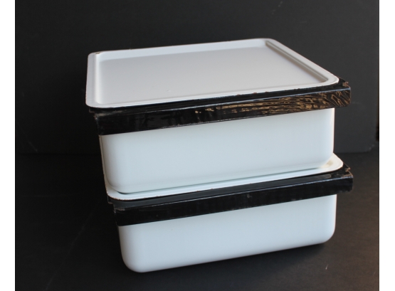 2 Enamel Refrigerator Drawers Both With Lids, Very Clean, Approximately 14 In X 13 In, 5 In Tall
