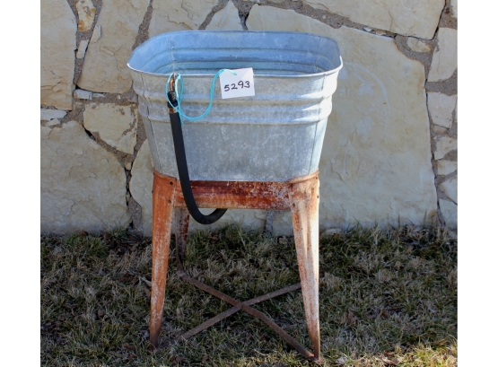 Antique Wash Tub On Rollers With Hose, 20.5 Inch Square 32 Inch High, Missing One Wheel