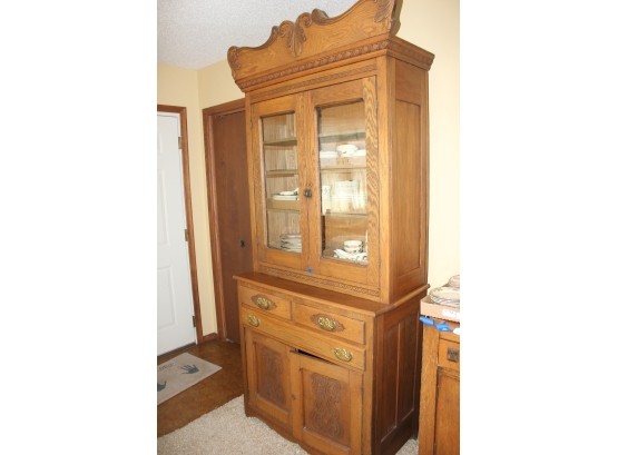 Antique Solid Oak Hutch Three Drawers, Glass Door With 4 Shelves, 87.5' Tall To Top, 38' Wide, 20.5' Deep