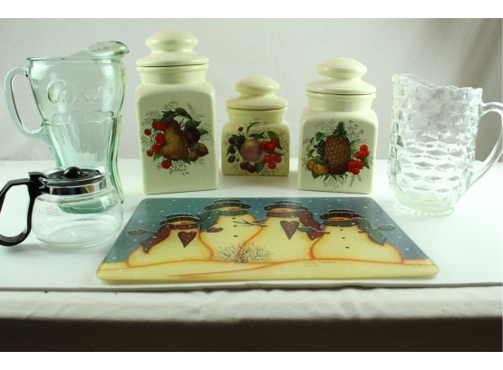 Coke Pitcher, Three Canisters, Glass Pitcher, Glass Snowman Cutting Board