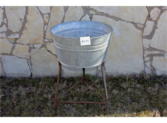 Antique Wash Tub On Rollers, Round, 22in Diameter 33 Inch High