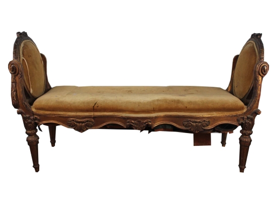 Antique Upholstered Cushion Bench With Carved Bow Design 52W X 18D X 29H