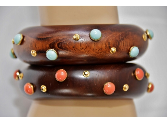 Pair Of Barrera Wood Bejeweled Bracelets