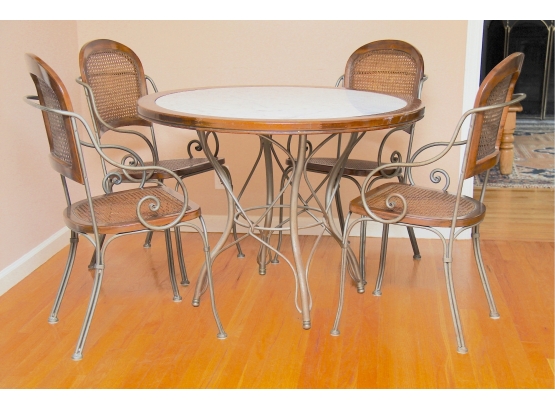 A MCM Drexel Marble Top Table With Four Wrought Iron And Cane Chairs