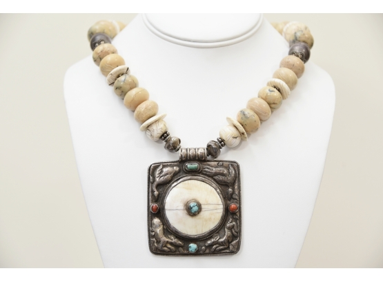 Cream/ Cafe Colored Jasper Bead Dragon Pendant Necklace By Jane Signorelli  Jewelry Lot #21