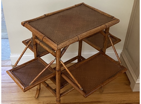 Antique Bamboo And Rattan Side Table With Folding Shelves