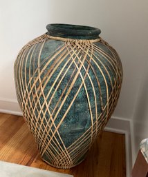 Large 24' Turquoise Floor Vase With Woven Rattan Accent  (Pickup  Available)