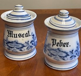 Set Of 2 Blue Onion Covered Spice/Condiment Jars - Pepper & Mustard (Pickup Or USPS Shipping Available)