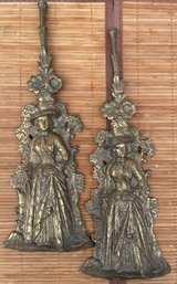 Pair Of Antique 14.5' Brass Wall/Fireplace Decoratives - Colonial Women (Pickup Or UPS 3rd Party Shipping)