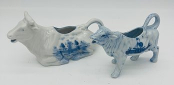 2 Blue Delft Style ( No Markings On Base) 5 -7 Cow Creamers -  ( Pickup Or USPS Shipping)