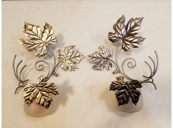 Pair Of Partylite Wall Mounted Candle Holders With Candles, Bronze Maple Leaves, 9x7x4 Each