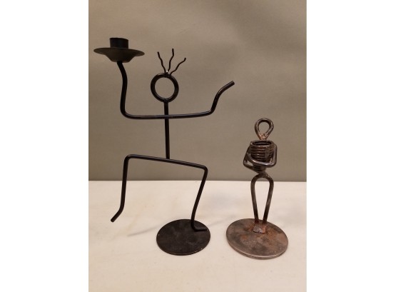 2 Welded Iron Stick Figure Sculpture & Candle Stick, 7.5' & 11.5' High
