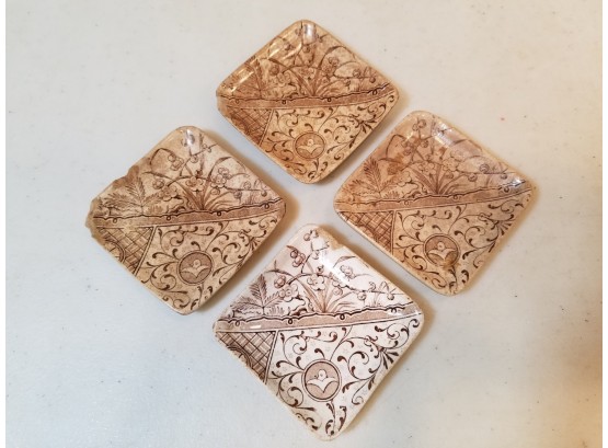 Set Of 4 Antique 1881 Gildea & Walker Ironstone Pottery Butter Pats, 2.75' Square, Aesthetic Movement