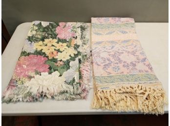 2 Floral Botanical Woven Cotton Throw Blankets With Fringe, 48x60 Each