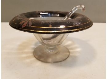 Antique Victorian Glass Compote Sauce Dish With Hand Painted Urn & Flower Pattern On Black Band & Ladle