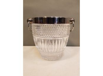 Heavy Crystal Glass Ice Bucket With Ring Handled Chrome Banding, Diamond & Star Pattern, 8.25' High