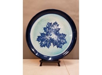 Large 17.5' Ceramic Charger Plate, Maple Leaves In Blue Tones, Light Crazing