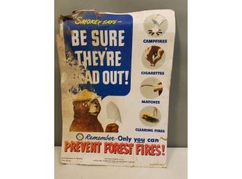 Vintage 1951 Smokey Bear Poster: Smokey Says - Be Sure They're Dead Out!, Vermont Forest Service 13' X 18.5'