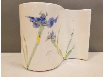 Vintage C.1976-1990 Barbara Baatz Porcelain Iris Vase, Blue & Yellow, 8.5'w X 6.75'H X 3'D, Artist Signed USA