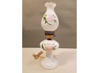 Vintage Hand Painted Floral Milk Glass Hurricane Lamp, 19' High X 6.5' Diameter, Working