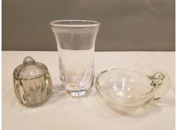 3 Pieces Of Crystal Art Glass: 4.5'H Covered Candy Jar, 7.5'H Orrefors Sweden Vase, 6.5'x5.5'x3.75' Nappy Dish