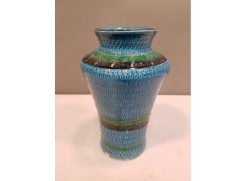 Vintage Italian Pottery Vase, Blues And Greens With Impressed Dart Pattern, 7.5'h X 4.75'd