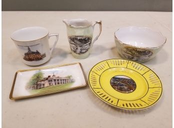 Lot Of 5 Antique Souvenir Porcelain Plate Tray Dish Pitcher Cup,  Sherbrooke Quebec Washington's Mt. Vernon