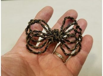 Fine Antique Intertwined Black Glass Bead & Brass Tone Cable Mourning Bow Brooch Pin, 3' X 2'