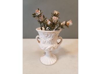 Vintage Bouquet Of Ceramic Flowers Mounted On Plastic Stems In Classical Ceramic Planter