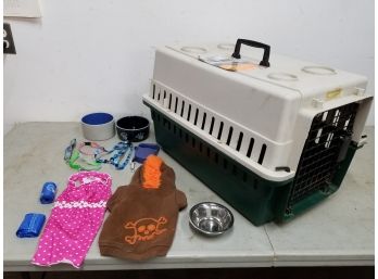 Lot Of Retriever Extra Small Portable Dog Carrier & Supplies Including 2 Outfits, Water & Food Bowls, Etc