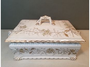 Antique Covered Ironstone Casserole Soup Tureen With Spoon Slot, Floral Vine Transferware, 13.5' X 7.5' X 6'
