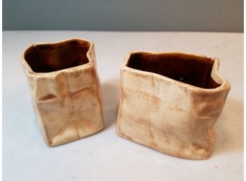 2 Vintage Ceramic Dishes In The Form Of Brown Paper Bags, 3.75' X 3' X 3' High Each, Mid Century Modern