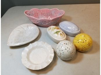 Lot Of 7 Vintage Speckled Ceramic Mid-century Modern Planter, Potpourri Balls, Trinket Dishes, Ashtrays