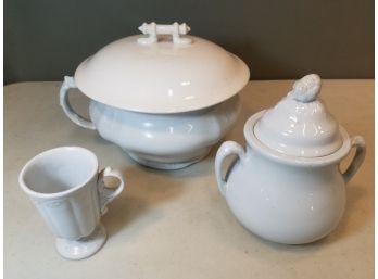 Lot Of Antique White Ironstone, Johnson Bros Covered Chamber Pot, Alfred Meakin Covered Ginger Jar, Footed Cup