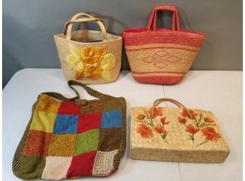 Lot Of 4 Vintage Woven Handbags Totes Bags, Size Ranges Up To 17x15 Inches Excluding Handles