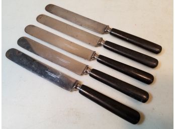 Set Of 5 Antique Landers Frary & Clark Aetna Works Black Handle Dinner Knives, 9.25' Long