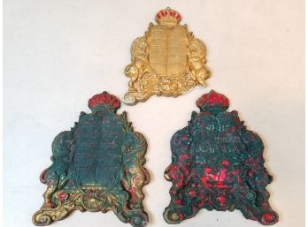3 Vintage Judaica Hebrew 10 Commandments Lions Of Judah Crown Ceramic Plaques, 7' X 5'