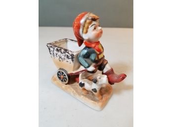 Vintage 1940s Occupied Japan Little Boy Pulling Wagon With Dog Ceramic Figurine, 3.75' X 1.75' X 4.25'h