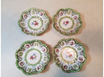 Set Of 4 Antique Porcelain Dishes, Hand Painted Wildflowers On Green & Blue, Gilt Highlights, 5.5'd X 1.25'h