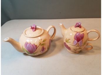 Pair Of Mesa International (Warner NH) Ceramic Teapot & Teapot/teacup, Tulip Pattern