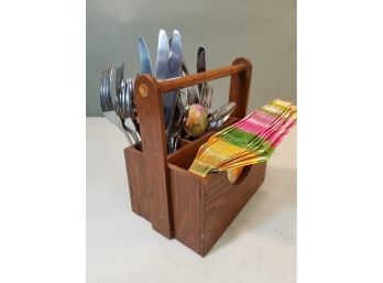 Vintage Primitive Silverware Caddy With Stainless Steel Flatware & Napkins, 8' X 5' X 8'h Caddy