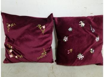2 Red Velvet Throw Pillows With Embroidered Flower Decoration, 13x13