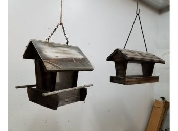 2 Vintage Hanging Bird Feeders, Weathered Wood With Acrylic